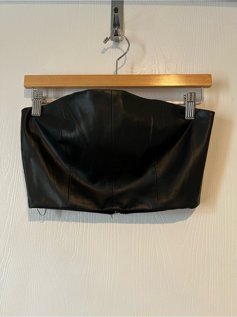 Audrey 3 + 1 Black faux Leather Strapless Crop Top Zip Back Sz Small